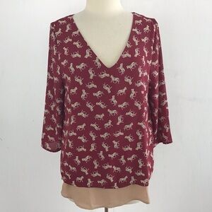 Le Lis Modcloth Maroon Blouse with Zebra Pattern, 3/4 Sleeves, Back Cut-out Med